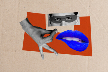 Composite artwork collage image picture of arm fingers teeth bite lips superhero eyes isolated on...