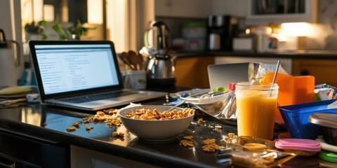 A busy kitchen counter during breakfast rush