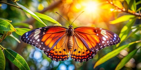 Obraz premium In a picturesque natural setting, an Australian dark butterfly spreads its wings wide under the warm sunlight,