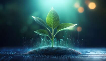 A small, vibrant green plant emerges from soil, illuminated with bright light, symbolizing growth, life, and technology in a digital context.