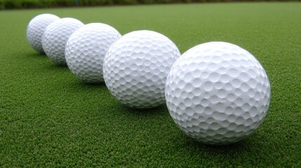 Several golf balls lined up for practice, ready for players to hit on a sunny driving range