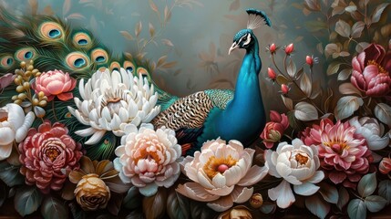 Vibrant peacock displaying its feathers in a lush garden, showcasing rich colors and intricate patterns.