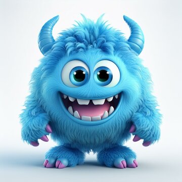 Cute blue furry monster 3D cartoon character. Halloween animal sublimation, a blue furry monster with a big smile, Lustiges Cartoon Monster.