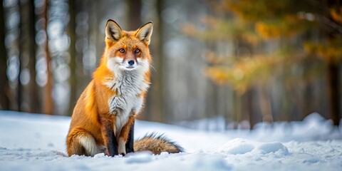 Naklejka premium A crimson fox sits majestically in the snow, its piercing gaze meeting the viewer's, a testament to the beauty of winter's embrace.