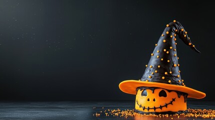 Halloween cake featuring a spooky design with a black hat and orange decorations on a dark background.
