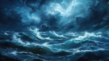 Stormy Sea with Lightning and Dark Clouds