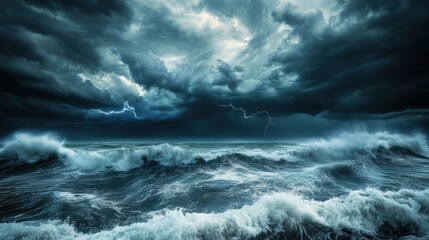 Dramatic Storm Clouds with Lightning Over turbulent Ocean