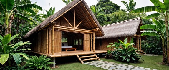  a rustic, eco-friendly bamboo house nestled in lush greenery.