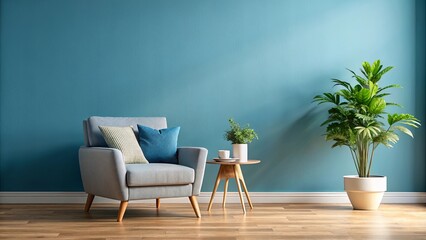 A Comfortable Living Room Setting Featuring a Plush Armchair, a Small Round Table, a Potted Plant, and a Serene Blue Wall