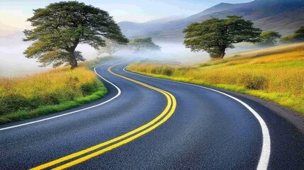 Fototapeta premium Winding country road at dawn, with fog hanging low over the fields and the silhouette of trees in the distance -
