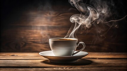 Fototapeta premium A porcelain cup filled with steaming hot beverage rests on a wooden surface, the wispy tendrils of vapor swirling and rising against a backdrop of rich brown wood.