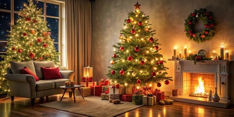 A Cozy Interior Decorated for the Holiday Season with a Lit Christmas Tree, Festive Ornaments, a Warm Fireplace, and Presents Underneath the Tree