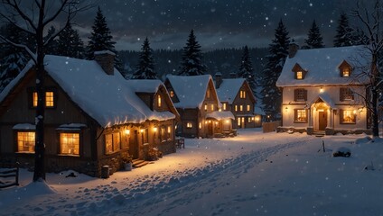 Fototapeta premium A snowy, wintry village scene at night. Houses with warm lights.