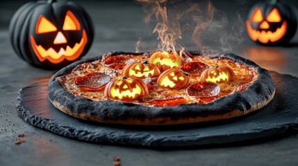 spooky 3D pizza with black dough, topped with glowing jack-o-lantern-shaped pepperoni slices and neon green cheese