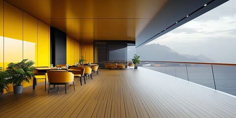 dark yellow and grey luxury cruise ship deck cafeteria with modern wooden floor, and beautiful background 