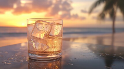 Close-up of a glass of water with ice cubes, condensation forming on the outside, resting on a glass table by the beach at sunset. Realistic