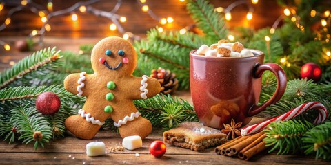 In a warm setting, a gingerbread man relaxes next to a cup of hot cocoa, brimming with marshmallows
