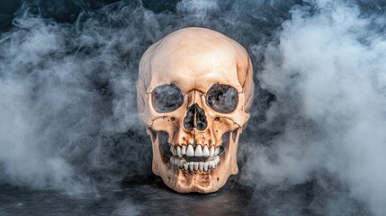 Close-up of a skull with missing teeth and fractures, set against a dark background with eerie smoke swirling around. Realistic