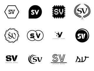 SV logo company template. Letter s and v logotype. Set different classic serif lettering and modern bold text with design elements. Initial font typography.
