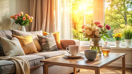 Sunlight streaming through a window illuminating a cozy living room with a coffee table, a couch with pillows, and a vase of flowers