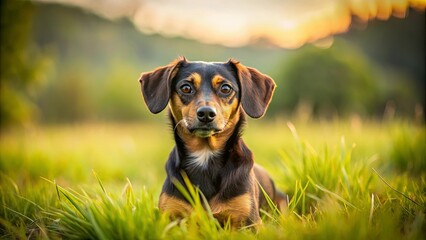 A dog with a curious gaze sits in a lush meadow, sunlight gently illuminating its coat