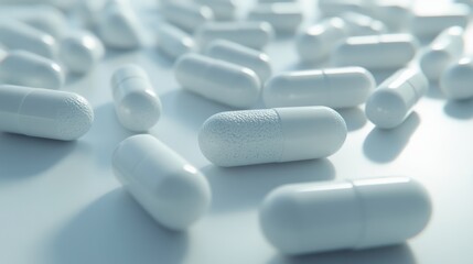 Close-up of pharmaceutical pills and herbal capsules lying flat on a clean white surface, showcasing their texture and shine. Realistic