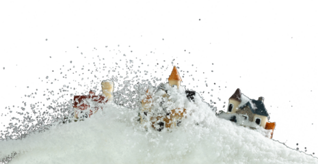 Snow fall cover house over black night background isolated. Winter snow storm falling on house like avalanche from climate change extreme weather disaster