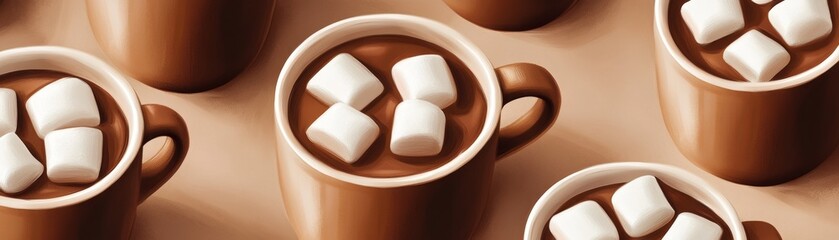 Cozy Chocolate Mugs with Marshmallow Details in Warm Tones 2D Pattern