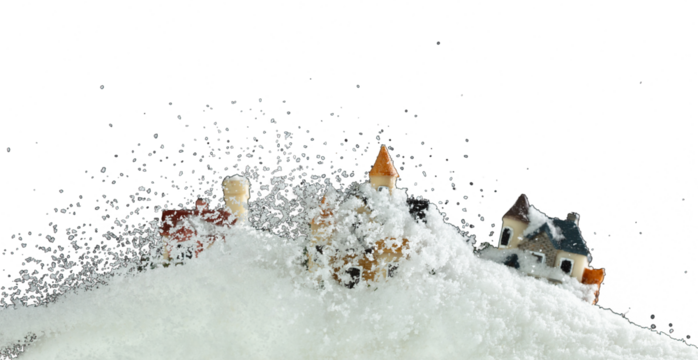 Snow fall cover house over black night background isolated. Winter snow storm falling on house like avalanche from climate change extreme weather disaster