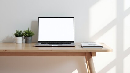 Fototapeta premium A tidy workspace showcases a laptop on a wooden desk, accompanied by a small plant, a notebook, and a cup, creating a calm and productive atmosphere.