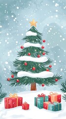 Obraz premium Christmas tree illustration with snow, ornaments, and presents, festive winter atmosphere, vertical image