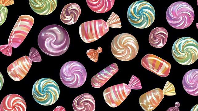 Colorful assorted candies on a black background, creating a playful and enticing display.