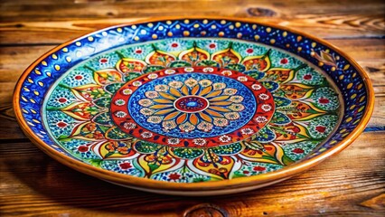 Fototapeta premium Elegant Decorative Plate Displayed on a Wooden Table with Intricate Patterns and Vibrant Colors