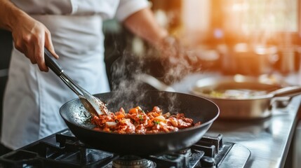 Culinary expert cooking various dishes in a clean, state-of-the-art kitchen with space for text overlay. Realistic, very detailed.