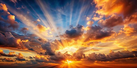 Fototapeta premium A celestial tapestry of fiery hues, with clouds illuminated by the sun's radiant glow, creating a breathtaking spectacle of nature's artistry.
