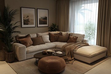 Cozy living room with neutral tones and comfortable seating.