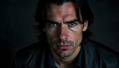 Obraz premium A Caucasian man with black hair, piercing blue eyes and an intense gaze