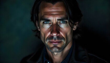 Obraz premium A Caucasian man with black hair, piercing blue eyes and an intense gaze