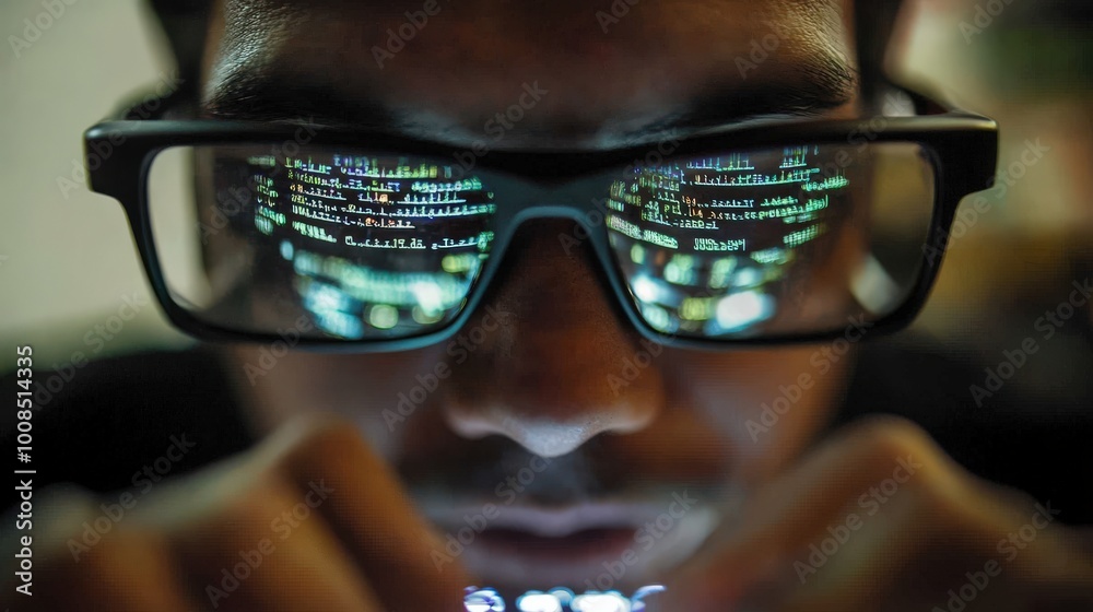 Poster hands move swiftly over the keyboard as reflections of green code illuminate the glasses of a focuse