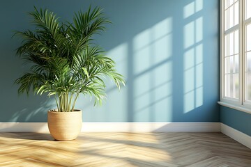 Fototapeta premium Bright room with a potted plant and sunlight shadows.