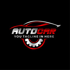 Car Logo Garage with Gear Repair. Editable vector template. Automotive logo Red Silver Black Color