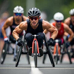 Muscular para athlete in racing wheelchair competing intensely during marathon, showcasing...