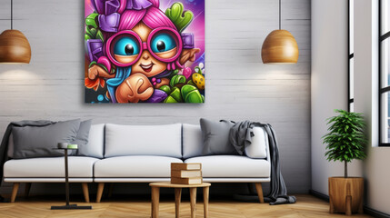 living interior with sofa and a graffiti-style painting on a gray wall.