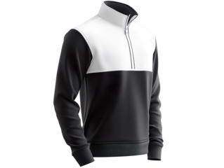 Blank black and white quarter zip sweater mockup, side view isolated on transparent background