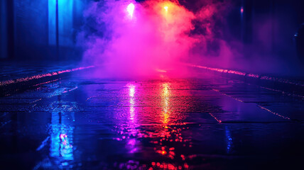 Naklejka premium Wet asphalt, reflection of neon lights, a searchlight, smoke Abstract light in a dark empty street with smoke, smog Dark background scene of empty street, night view, night city