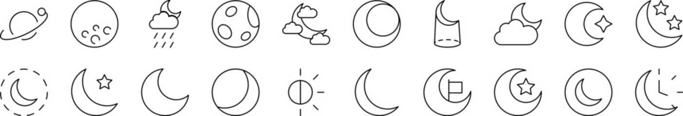 The Moon and Crescent Pack of Thin Icons. Editable Stroke. Suitable for Web Sites, Books, Cards, Apps