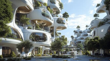 A futuristic city block designed with eco-friendly materials