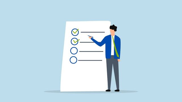 Completed checklist, 4k animation of Businessman is using a pen to review the project list and tick off the checkbox labeled as completed.