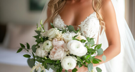 Naklejka premium wedding floral arrangement, elegant bridal bouquet with greenery, white roses, and pink peonies for a timeless and beautiful bride look