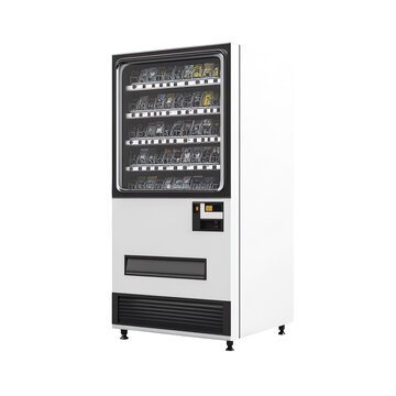 Blank black and white vending machine mockup, side view isolated on transparent background